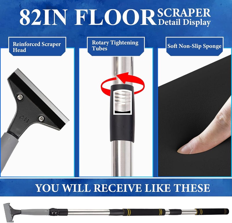 Frebuta 4"Razor Blade Floor Scraper with Long Handle,61in Adjustable Floor Scraper Heavy Duty with 10PCS Extra Metal Blades Paint Scraper for Cleaning Stickers Gum Glass Wall Tile (Retractable 82in) - Image 3